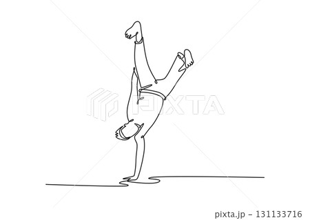 Continuous one line drawing attractive male performing one-handed handstand, core acrobatic move of Capoeira balance, control, and immense strength. Single line draw design vector graphic illustration 131133716