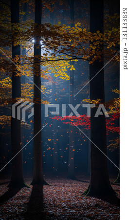 月明かりに照らされた紅葉の森と落ち葉 月明かりに照らされた紅葉の森と落ち葉 131133839