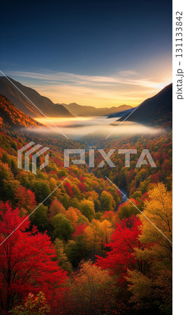 朝焼けに染まる紅葉の山と雲海 朝焼けに染まる紅葉の山と雲海 131133842