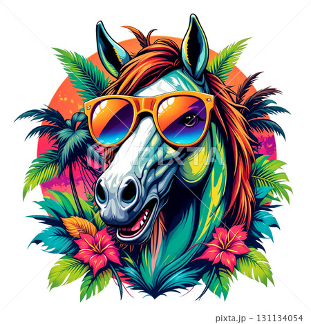 A vibrant, tropical illustration of a horse wearing stylish sunglasses, surrounded by palm leaves and hibiscus flowers. 131134054
