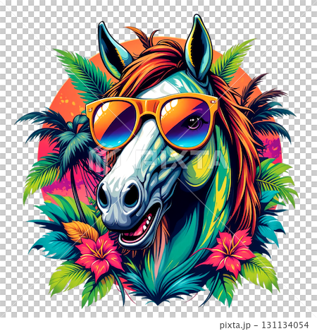 A vibrant, tropical illustration of a horse wearing stylish sunglasses, surrounded by palm leaves and hibiscus flowers. 131134054