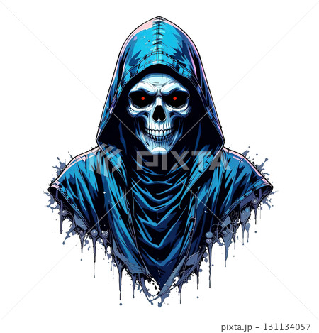 A sinister, graffiti-style illustration of a skull with glowing red eyes wearing a blue hoody, with paint splatters. 131134057