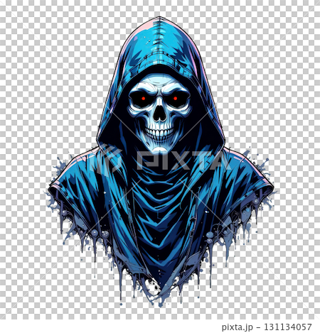 A sinister, graffiti-style illustration of a skull with glowing red eyes wearing a blue hoody, with paint splatters. 131134057