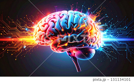 Glowing AI Brain Made of Circuit Lines on Black AI themed Background. Generated Image Glowing AI Brain Made of Circuit Lines on Black AI themed Background. Generated Image 131134101