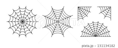 Black line spider web set. Simplified cobweb corner collection. Halloween frame and borders elements for banner, poster, decoration. Linear spooky tangled net bundle. Vector Haloween pack 131134182