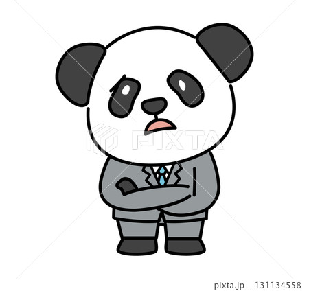 腕を組んで悩むスーツ姿のパンダのキャラクター 131134558