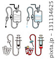 医療用つり下げ点滴と採血用器具のピクトグラムアイコン風イラスト（採血管・容器・注射器・針など） 131134625