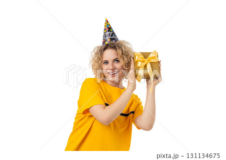 Woman with a colorful gift box, isolated on white, PNG Woman with a colorful gift box, isolated on white, PNG 131134675