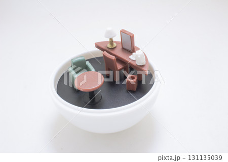 Miniature Desk Setup With Chairs And Table In White Bowl 131135039