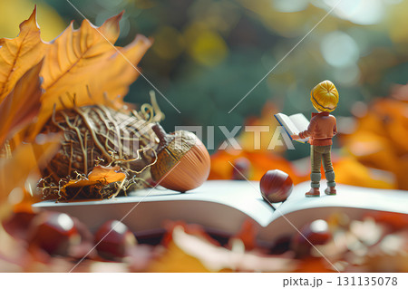 秋。可愛い栗と本を読む少年(3D) 秋。可愛い栗と本を読む少年(3D) 131135078