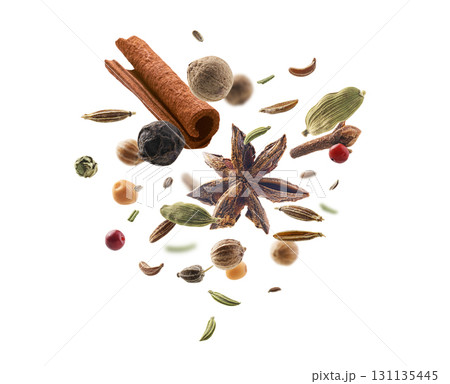 A beautiful composition of seasonings and spices on a white background A beautiful composition of seasonings and spices on a white background 131135445