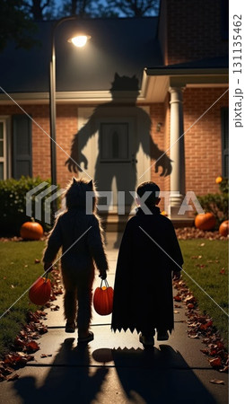 Kids in Costumes Casting Huge Monster Shadows on Wall on Halloween 131135462