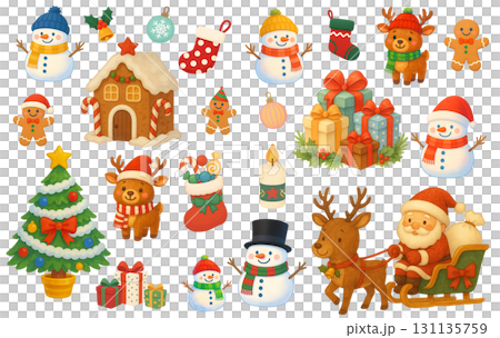 Cute Christmas illustration set: snowman, reindeer, Santa Claus, tree, gift, gingerbread 131135759