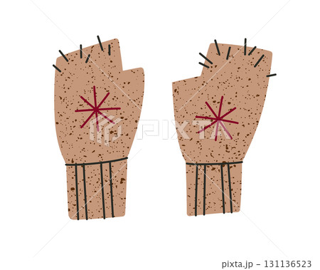 Knitted wool fingerless gloves with embroidered snowflakes. Flat cartoon vector illustration of cozy winter clothing, Christmas accessory, festive handmade apparel for holiday season 131136523