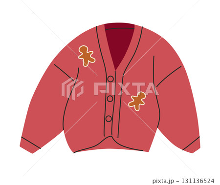 Warm cozy cardigan with embroidered gingerbread men. Flat cartoon vector illustration of winter clothing, Christmas outfit, festive sweater for holiday season and cozy style design icon Warm cozy cardigan with embroidered gingerbread men. Flat cartoon vector illustration of winter clothing, Christmas outfit, festive sweater for holiday season and cozy style design icon 131136524