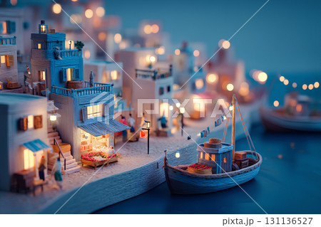 美しい夜の漁港と港町(3D) 美しい夜の漁港と港町(3D) 131136527