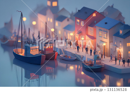美しい夜の漁港と港町(3D) 美しい夜の漁港と港町(3D) 131136528