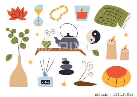 Collection of flat cartoon vector objects for meditation, mindfulness and relaxation. Cozy home illustration set with tea ceremony, incense, aroma diffuser, blanket, candles, lotus, yin, yang 131136812