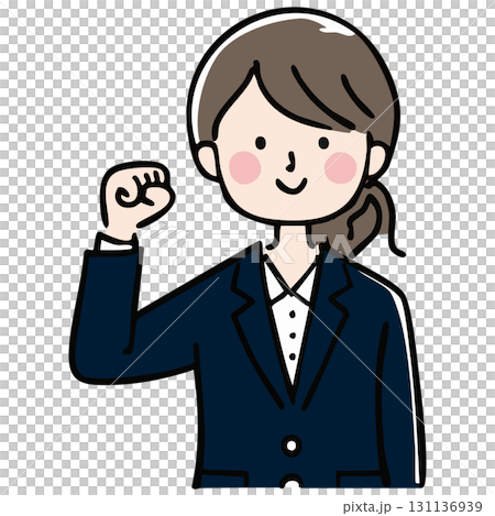 ざらざら青いスーツの女性が手を挙げるガッツポーズのやる気と元気と自信と希望のモチベーションと成長 131136939