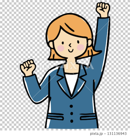 一位身穿粗糙藍色西裝的女士舉起拳頭，展現她的熱情、活力、自信、希望、動力和成長 131136943