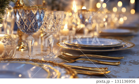Elegant table setting with crystal glasses and gold rimmed plates, creating luxurious and festive atmosphere 131136956
