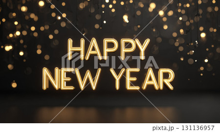 Happy New Year text glows warmly against dark background with sparkling lights, creating festive and celebratory atmosphere 131136957
