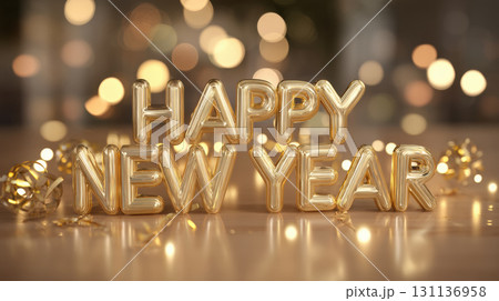 Happy New Year text in gold balloon letters with festive bokeh lights in background 131136958