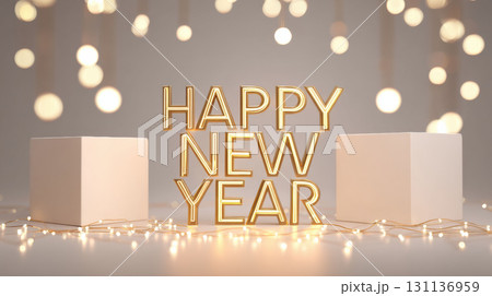 Golden Happy New Year typography with glowing lights and minimalist cubes create elegant festive atmosphere 131136959
