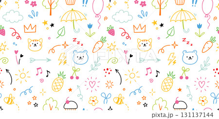 Icon cute line pattern. Seamless background with cartoon children, baby animals, stars, flowers and hearts elements. Hand drawn sketch style children seamless pattern. Vector Icon cute line pattern. Seamless background with cartoon children, baby animals, stars, flowers and hearts elements. Hand drawn sketch style children seamless pattern. Vector 131137144