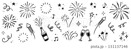 Firework vector new year set. Hand drawn background with doodle sparkler, firecracker and confetti for new year, birthday or holiday celebration. Sketch firework party style. Vector 131137146