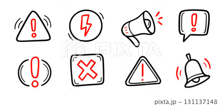 Doodle attention sign icon set. Hand drawn caution signs, warning marks and alert sketch symbols designed to exclamation sign, error or important attention icon doodle. Vector 131137148