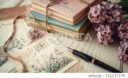 アンティーク古書とドライフラワー 131137179