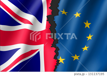 Brexit concept vector illustration. Symbol of Britain exit from European Union. Break between British and EU waving flags. Separation and crisis sign. 131137195