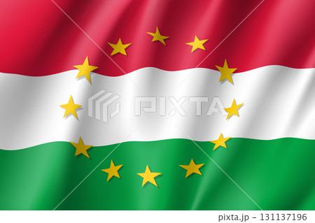 Hungary national flag with a circle of European Union twelve gold stars, solidarity and harmony with EU, member since 1 May 2004. Realistic vector style illustration 131137196