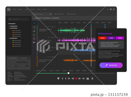 AI assistant artificial intelligence in audio and sound editing software audio tracks on timeline enhance audio production workflows from cleaning up sound to generating effects creative sound design AI assistant artificial intelligence in audio and sound editing software audio tracks on timeline enhance audio production workflows from cleaning up sound to generating effects creative sound design 131137239