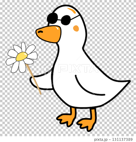 Cartoon Duck with Sunglasses Holding Flower 131137389