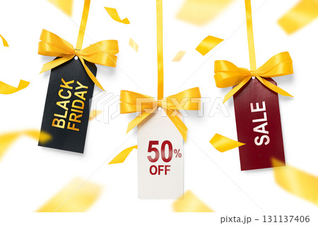 Set of colorful Black Friday hang tags with gold confetti on white background. Festive tag set with golden confetti and promotional labels Set of colorful Black Friday hang tags with gold confetti on white background. Festive tag set with golden confetti and promotional labels 131137406