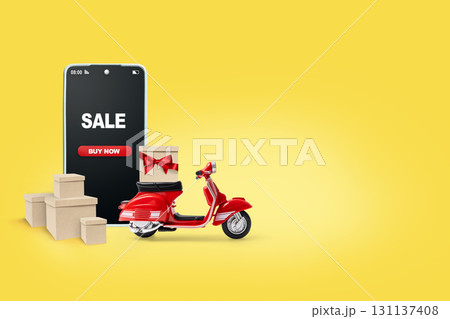 Delivery and shopping banner with smartphone, scooter and packages on yellow copy space. Suitable for Black Friday, Cyber Monday, Christmas and clearance sales. Delivery and shopping banner with smartphone, scooter and packages on yellow copy space. Suitable for Black Friday, Cyber Monday, Christmas and clearance sales. 131137408