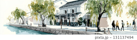 白壁の美しい古い街並み（水彩画） 131137494