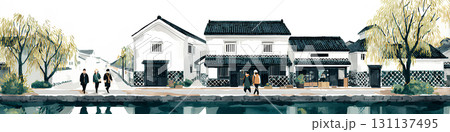 白壁の美しい古い街並み(水彩画) 白壁の美しい古い街並み(水彩画) 131137495