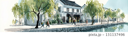 白壁の美しい古い街並み(水彩画) 白壁の美しい古い街並み(水彩画) 131137496