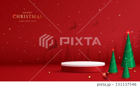 Podium shape for show cosmetic product display for christmas day or new years. Stand product showcase on red background with lighting christmas. vector design. Podium shape for show cosmetic product display for christmas day or new years. Stand product showcase on red background with lighting christmas. vector design. 131137546