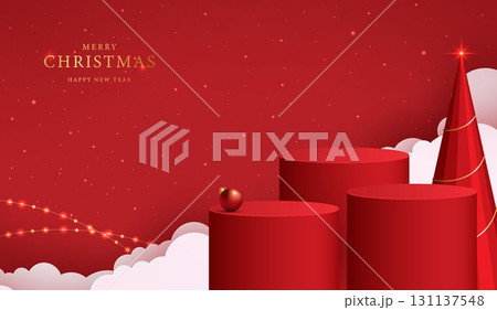 Podium shape for show cosmetic product display for christmas day or new years. Stand product showcase on red background with lighting christmas. vector design. 131137548
