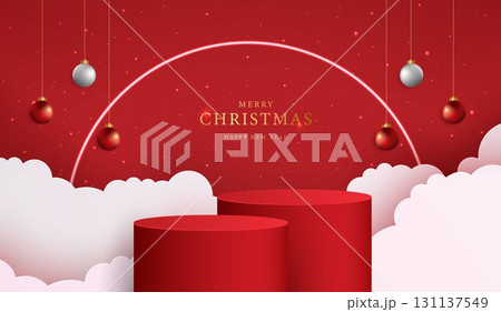 Podium shape for show cosmetic product display for christmas day or new years. Stand product showcase on red background with lighting christmas. vector design. Podium shape for show cosmetic product display for christmas day or new years. Stand product showcase on red background with lighting christmas. vector design. 131137549