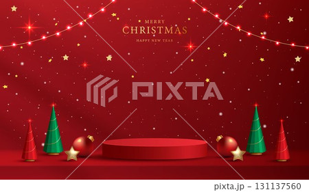Podium shape for show cosmetic product display for christmas day or new years. Stand product showcase on red background with lighting christmas. vector design. Podium shape for show cosmetic product display for christmas day or new years. Stand product showcase on red background with lighting christmas. vector design. 131137560