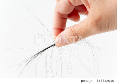 白背景に指でつまむ髪の毛のクローズアップ 白背景に指でつまむ髪の毛のクローズアップ 131138030
