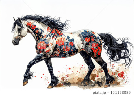 馬の水彩画アート,和柄の馬のアート,午年イメージ,Generative AI,AI画像 131138089