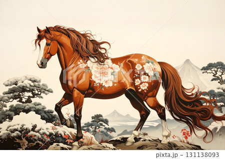 馬の水彩画アート,和柄の馬のアート,午年イメージ,Generative AI,AI画像 131138093