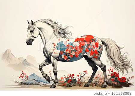 馬の水彩画アート,和柄の馬のアート,午年イメージ,Generative AI,AI画像 131138098
