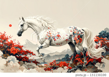 馬の水彩画アート,和柄の馬のアート,午年イメージ,Generative AI,AI画像 131138100